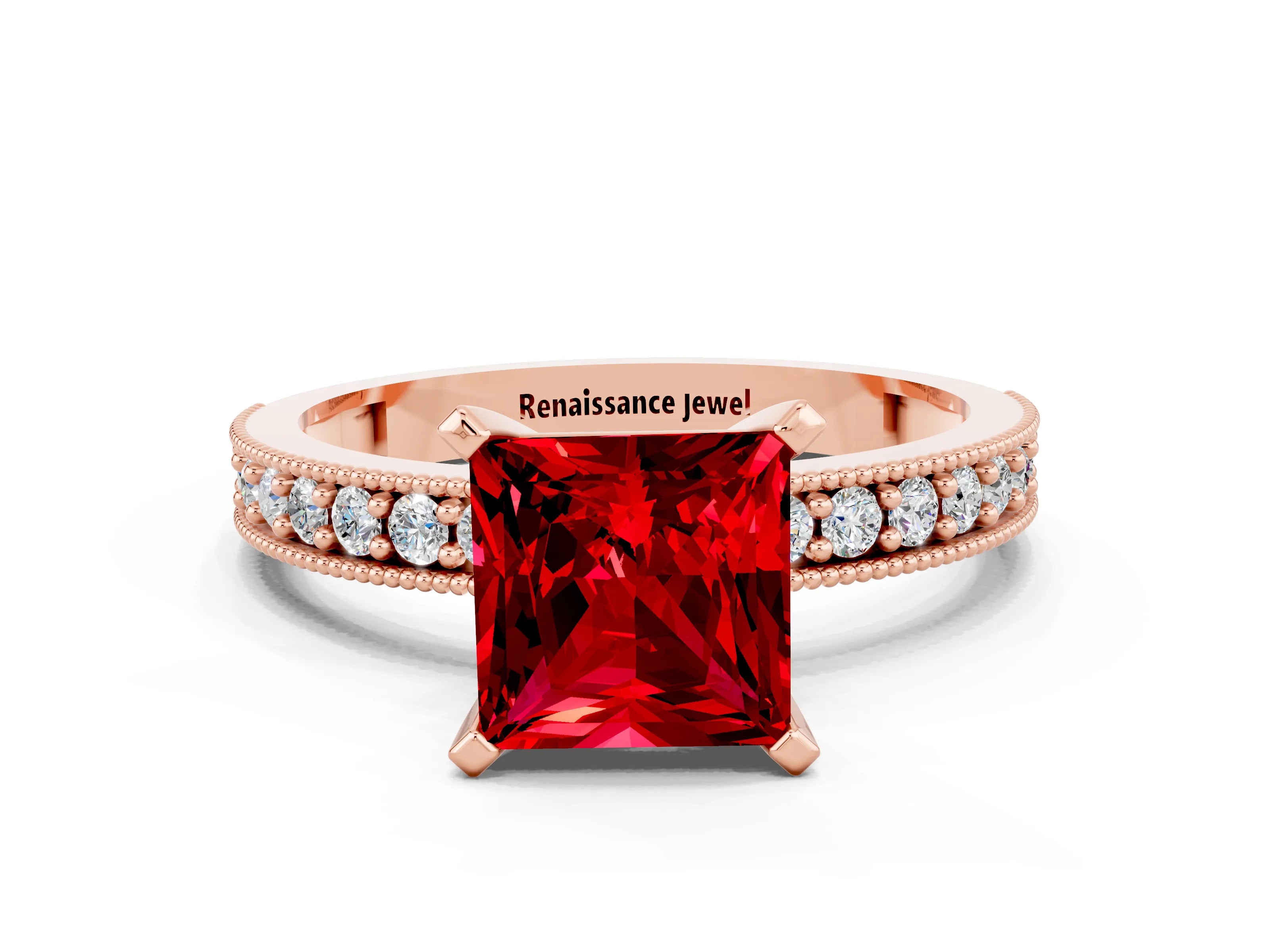 Rose gold Princess Cut Ruby Milgrain Pavé Engagement Ring with Four-Prong Setting_12
