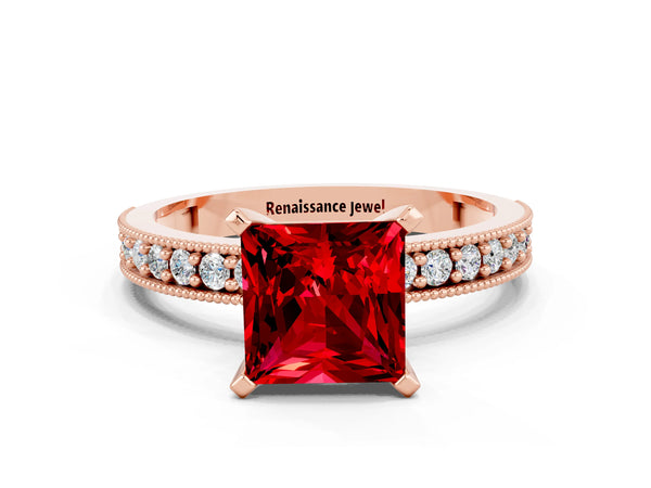 Rose gold Princess Cut Ruby Milgrain Pavé Engagement Ring with Four-Prong Setting