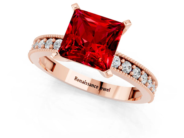 Rose gold Princess Cut Ruby Milgrain Pavé Engagement Ring with Four-Prong Setting
