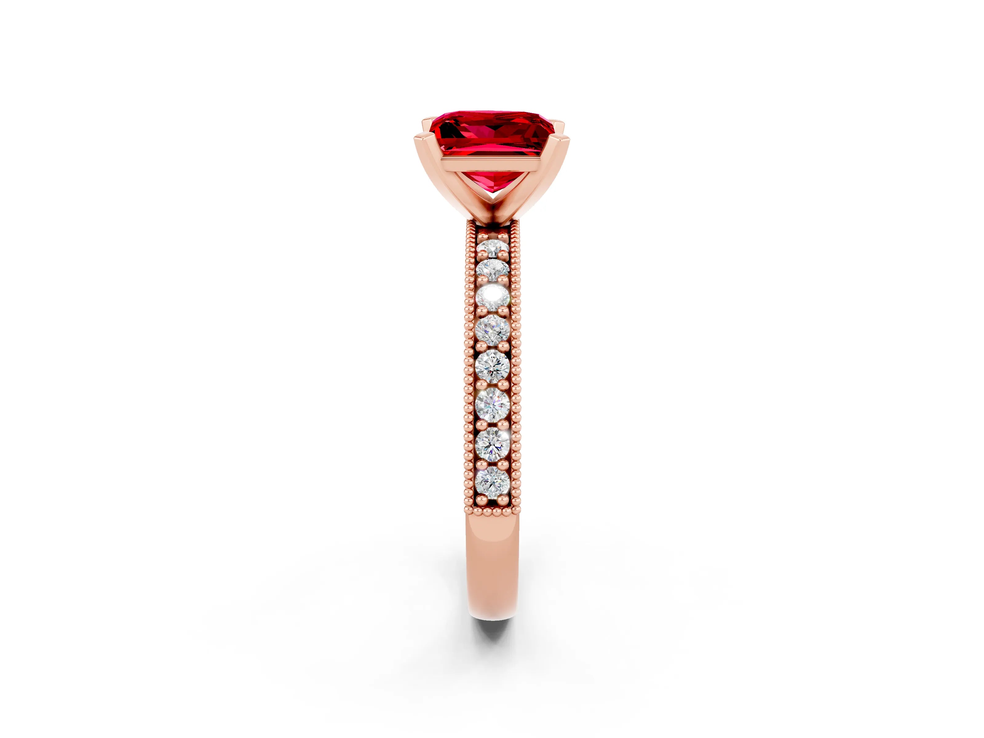 Rose gold Princess Cut Ruby Milgrain Pavé Engagement Ring with Four-Prong Setting_14