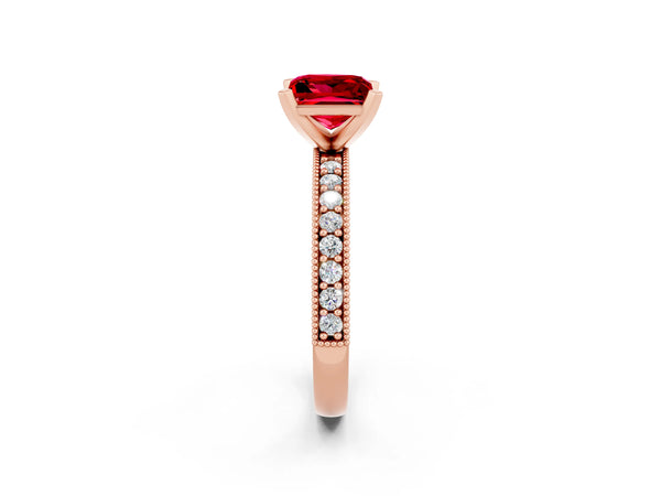Rose gold Princess Cut Ruby Milgrain Pavé Engagement Ring with Four-Prong Setting