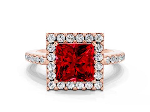 Rose gold Princess Cut Ruby Pavé Halo Ring with Four-Prong Setting_12