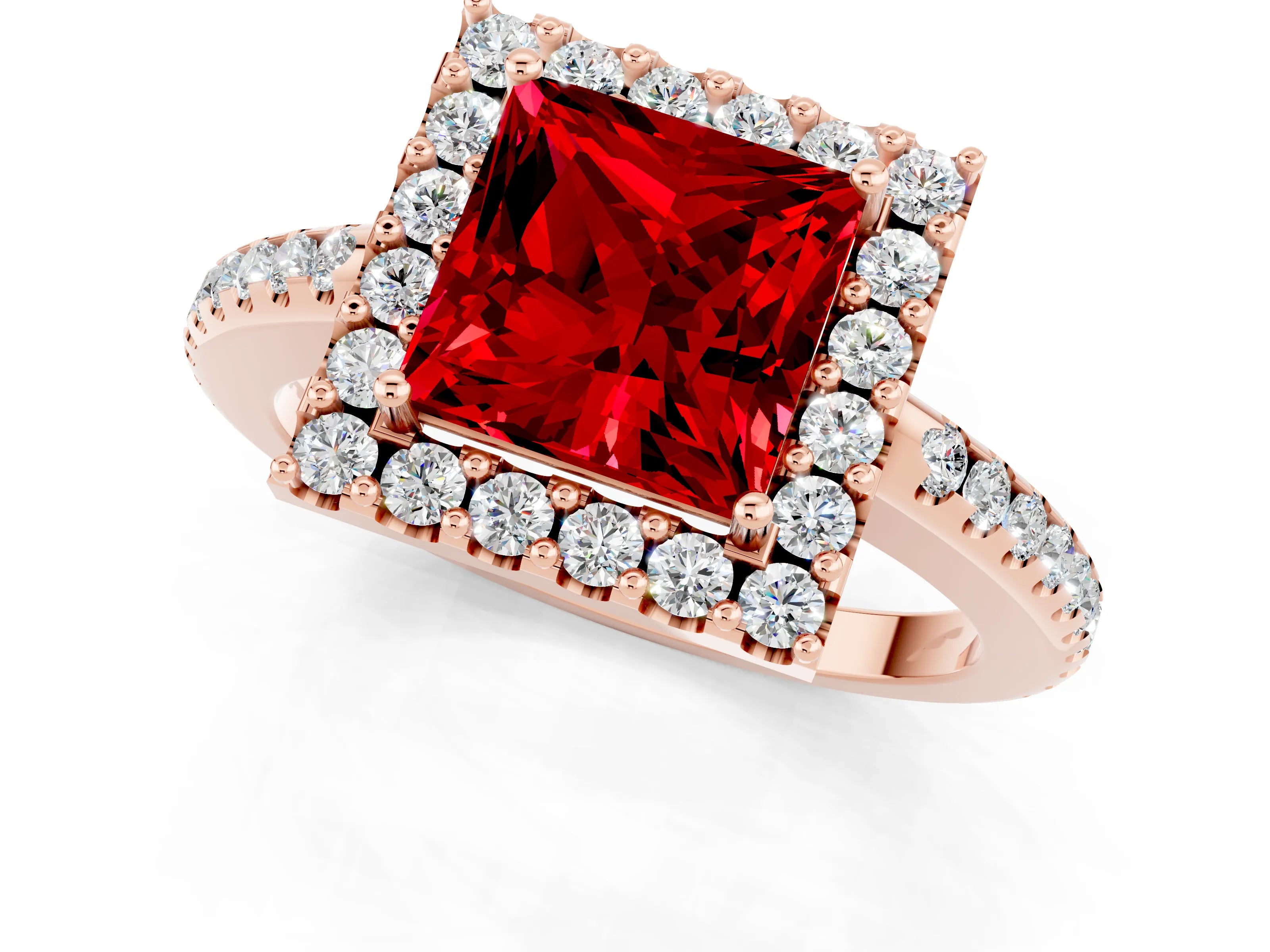 Rose gold Princess Cut Ruby Pavé Halo Ring with Four-Prong Setting_13