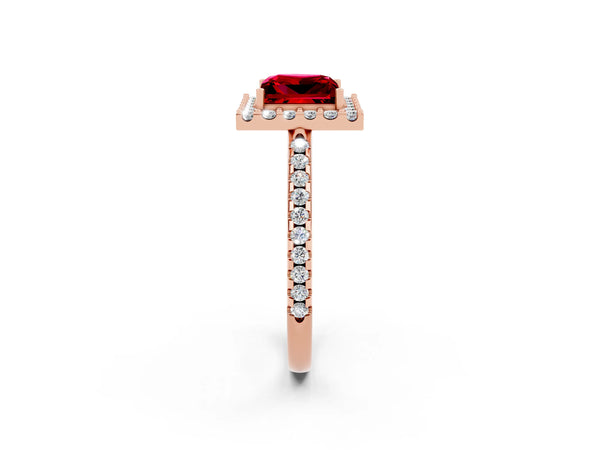 Rose gold Princess Cut Ruby Pavé Halo Ring with Four-Prong Setting