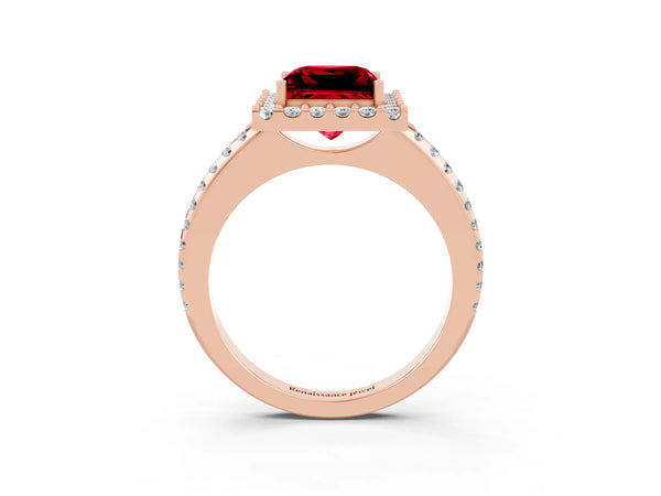Rose gold Princess Cut Ruby Pavé Halo Ring with Four-Prong Setting