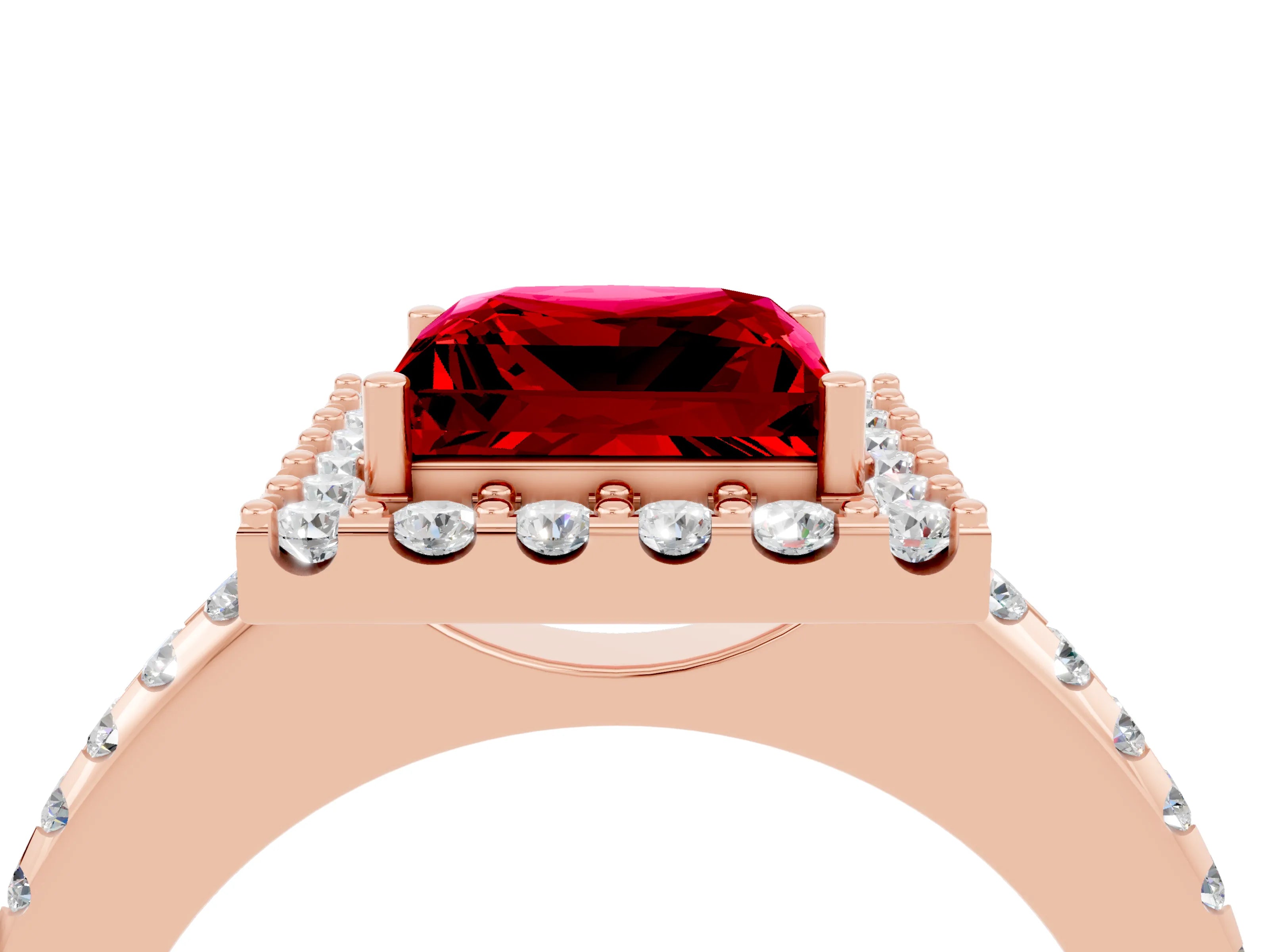 Rose gold Princess Cut Ruby Pavé Halo Ring with Four-Prong Setting_16