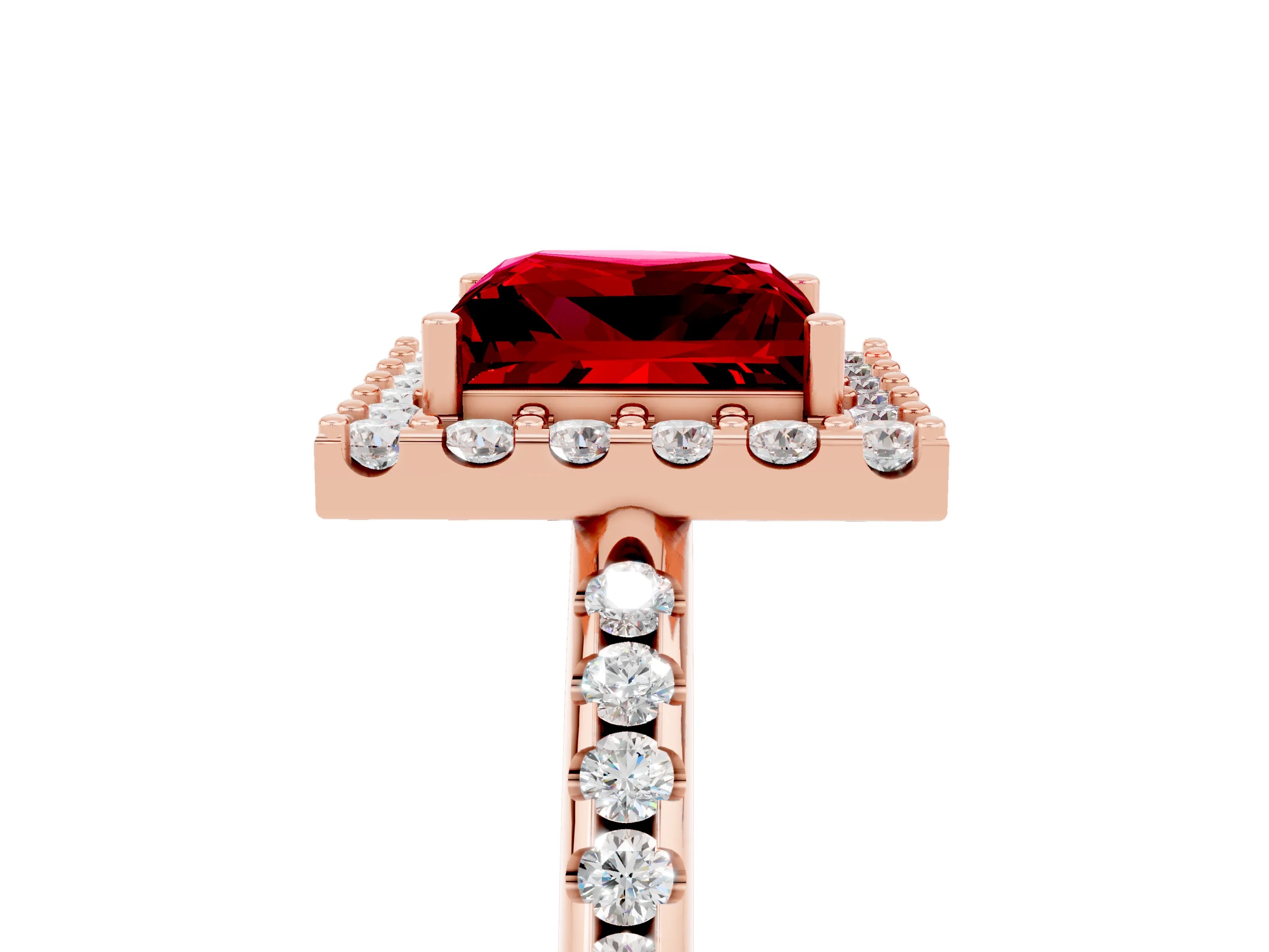 Rose gold Princess Cut Ruby Pavé Halo Ring with Four-Prong Setting_17
