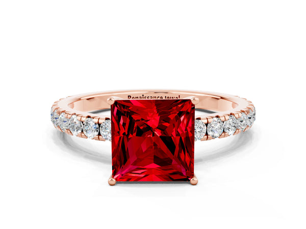 Rose gold Princess Cut Ruby Pavé Solitaire Engagement Ring with Four-Prong Setting