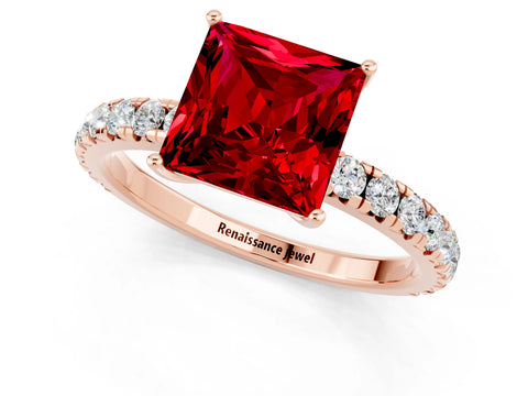 Rose gold Princess Cut Ruby Pavé Solitaire Engagement Ring with Four-Prong Setting_13