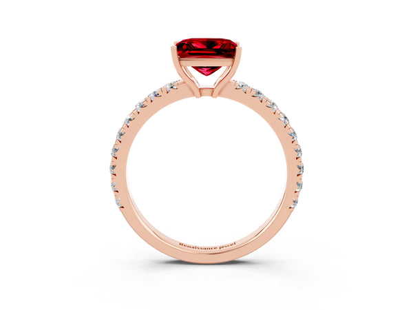 Rose gold Princess Cut Ruby Pavé Solitaire Engagement Ring with Four-Prong Setting