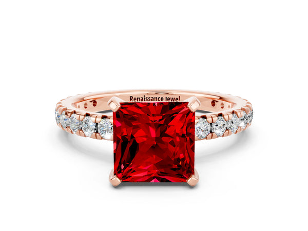 Rose gold Princess Cut Ruby Pavé Solitaire Ring with Round Band and Prong Setting