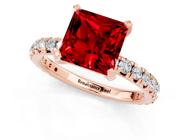 Rose gold Princess Cut Ruby Pavé Solitaire Ring with Round Band and Prong Setting