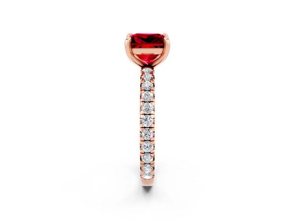 Rose gold Princess Cut Ruby Pavé Solitaire Ring with Round Band and Prong Setting