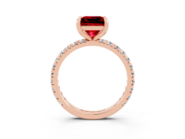 Rose gold Princess Cut Ruby Pavé Solitaire Ring with Round Band and Prong Setting