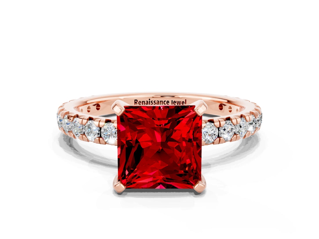 Rose gold Princess Cut Ruby Pavé Solitaire Ring with Round Band and Prong Setting_24