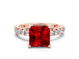 Rose gold Princess Cut Ruby Pavé Solitaire Ring with Round Band and Prong Setting_24