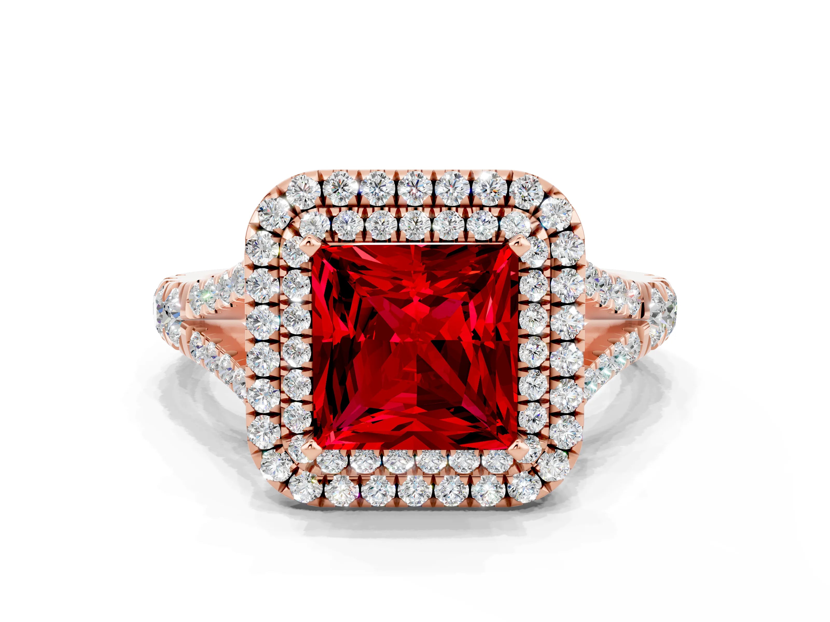 Rose gold Princess Cut Ruby Pavé Split Shank Double Halo Engagement Ring