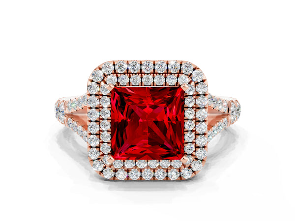 Rose gold Princess Cut Ruby Pavé Split Shank Double Halo Engagement Ring