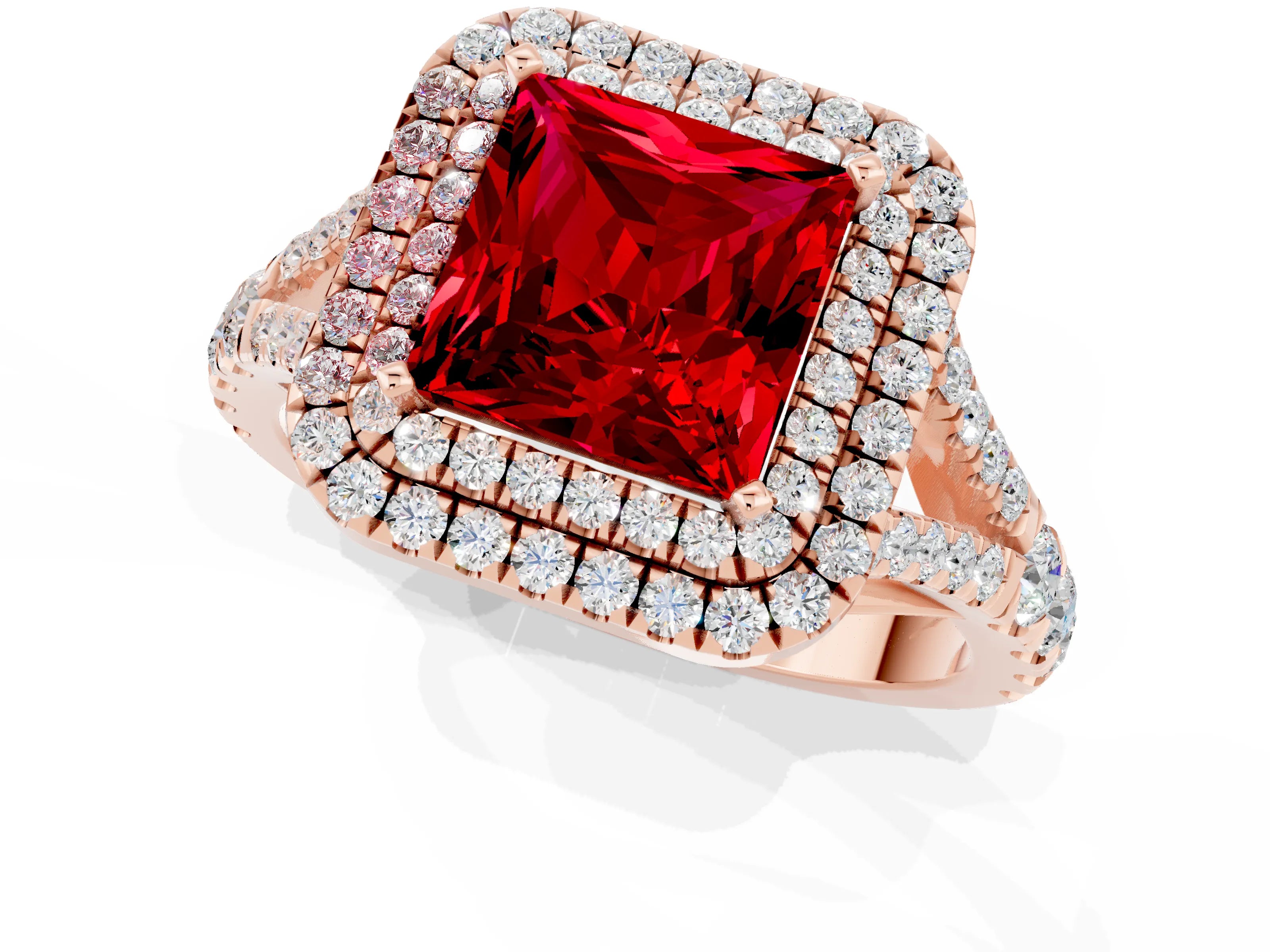 Rose gold Princess Cut Ruby Pavé Split Shank Double Halo Engagement Ring_1