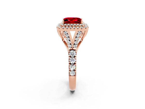 Rose gold Princess Cut Ruby Pavé Split Shank Double Halo Engagement Ring