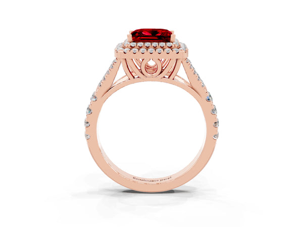 Rose gold Princess Cut Ruby Pavé Split Shank Double Halo Engagement Ring