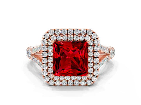 Rose gold Princess Cut Ruby Pavé Split Shank Double Halo Engagement Ring