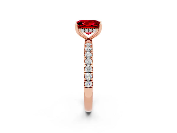 Rose gold Princess Cut Ruby Pave Band Solitaire Ring with Round  and Prong Setting