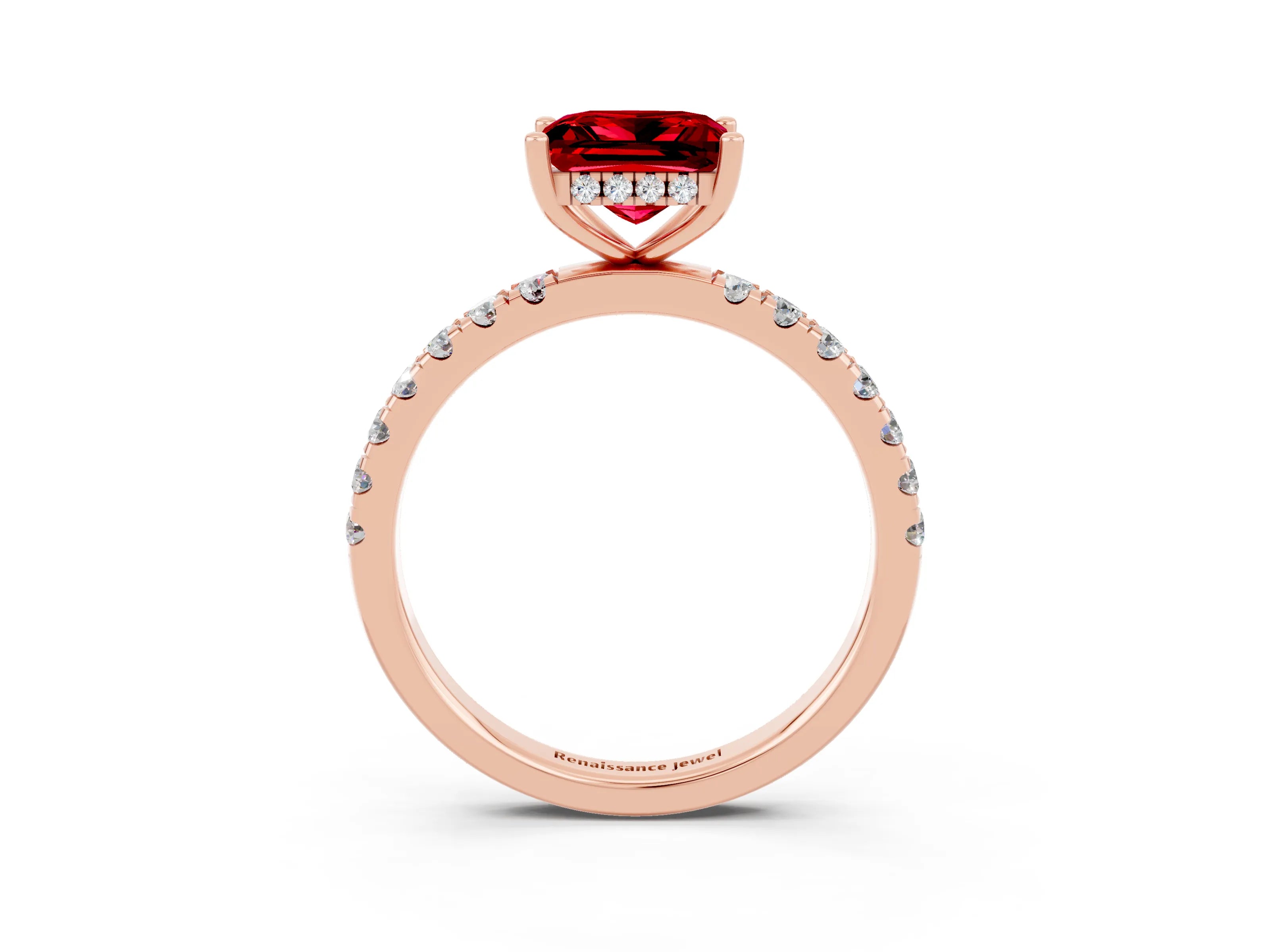 Rose gold Princess Cut Ruby Pave Band Solitaire Ring with Four-Prong Setting_27