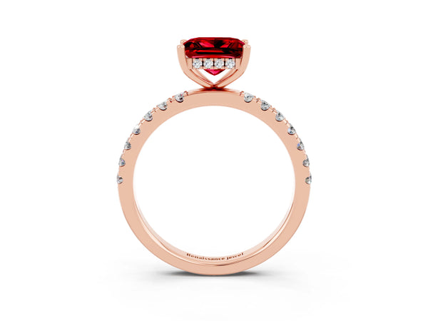 Rose gold Princess Cut Ruby Pave Band Solitaire Ring with Round  and Prong Setting