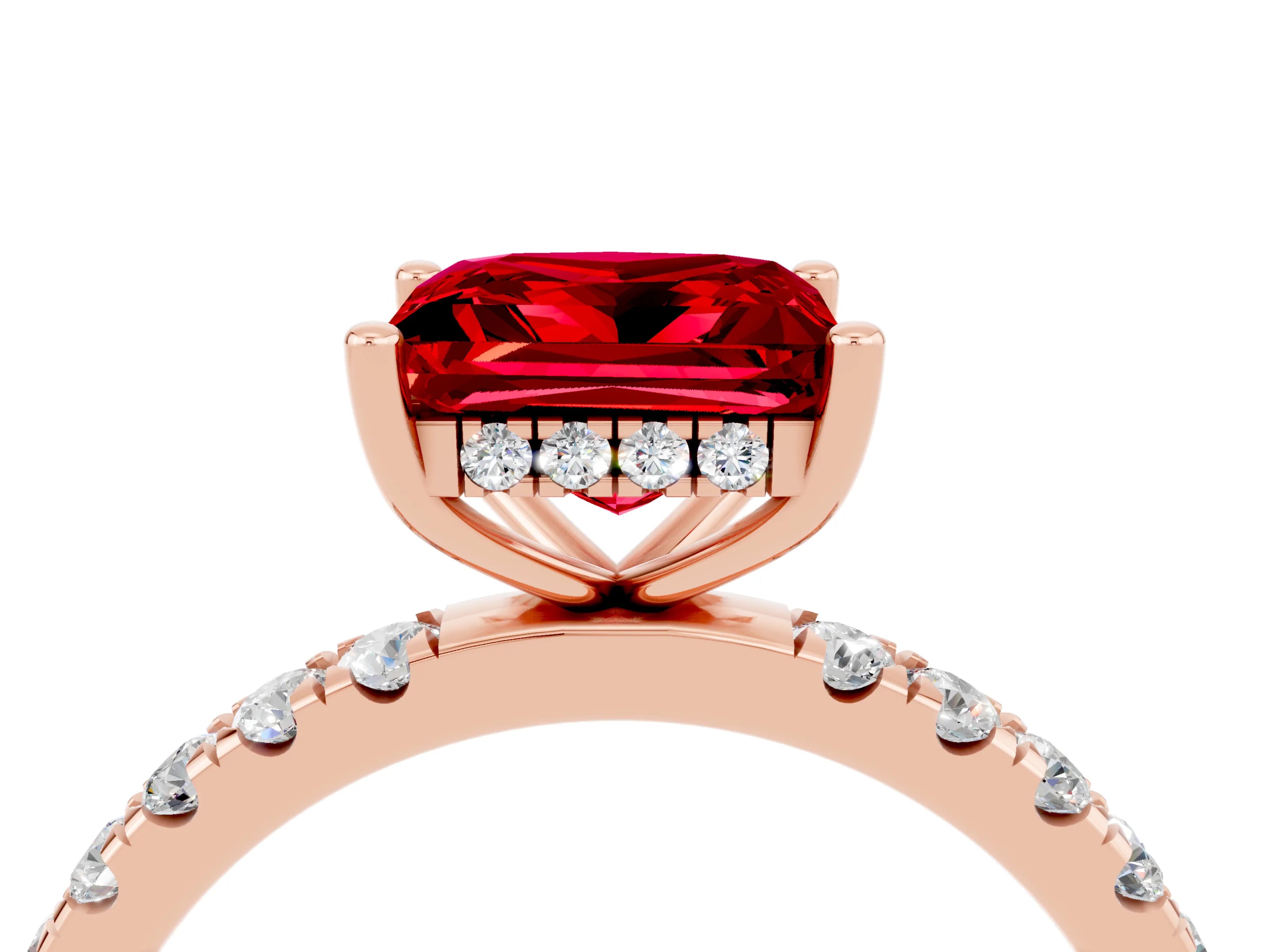 Rose gold Princess Cut Ruby Pave Band Solitaire Ring with Four-Prong Setting_28