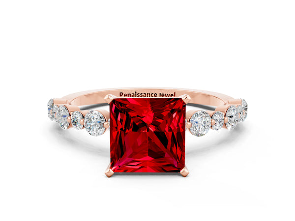 Rose gold Princess Cut Ruby Prong Set Engagement Ring with Pavé Band