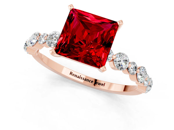 Rose gold Princess Cut Ruby Prong Set Engagement Ring with Pavé Band