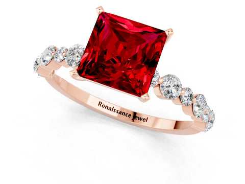 Rose gold Princess Cut Ruby Prong Set Engagement Ring with Pavé Band_1