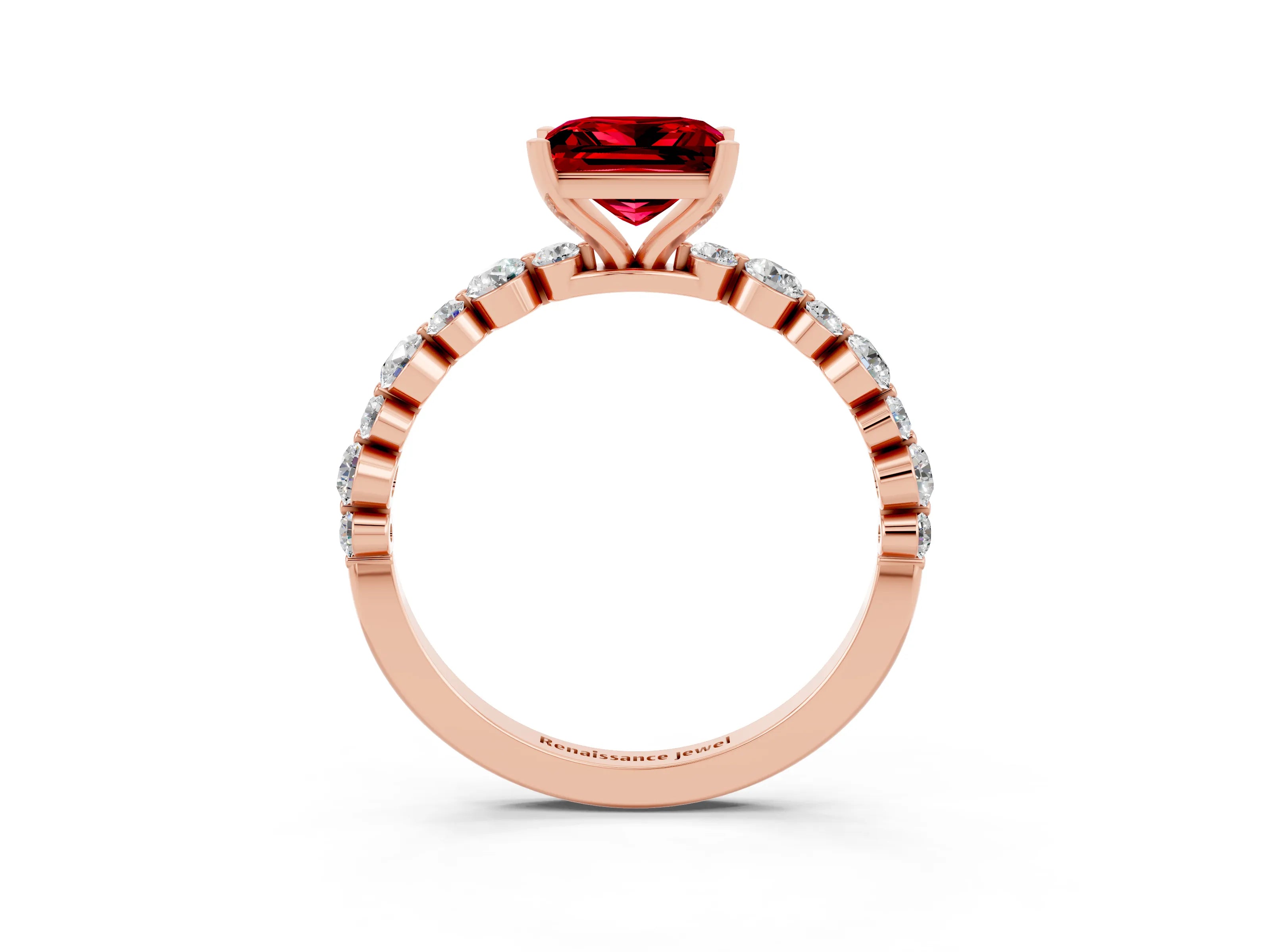Rose gold Princess Cut Ruby Prong Set Engagement Ring with Pavé Band_3