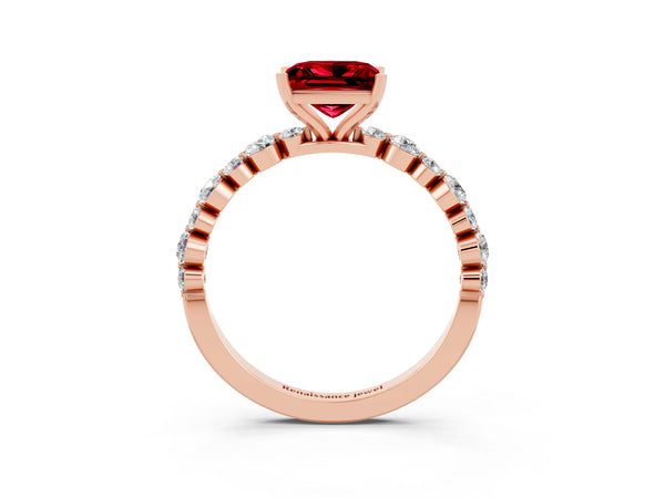 Rose gold Princess Cut Ruby Prong Set Engagement Ring with Pavé Band