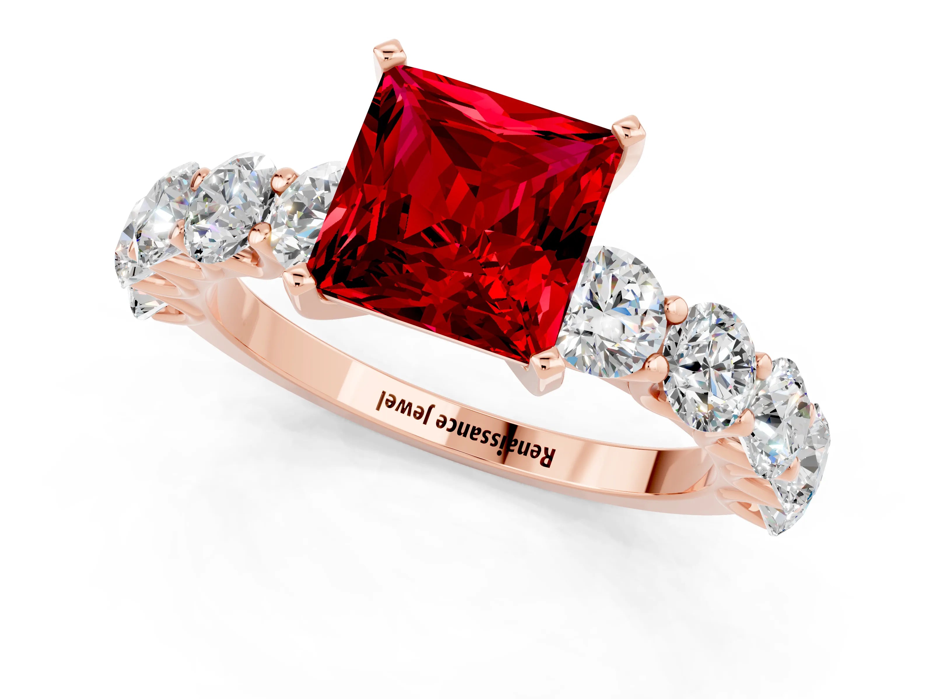 Rose gold Princess Cut Ruby Prong Setting with Side Stones on a Pave Band_1