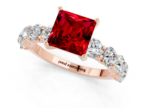 Rose gold Princess Cut Ruby Prong Setting with Side Stones on a Pave Band_1