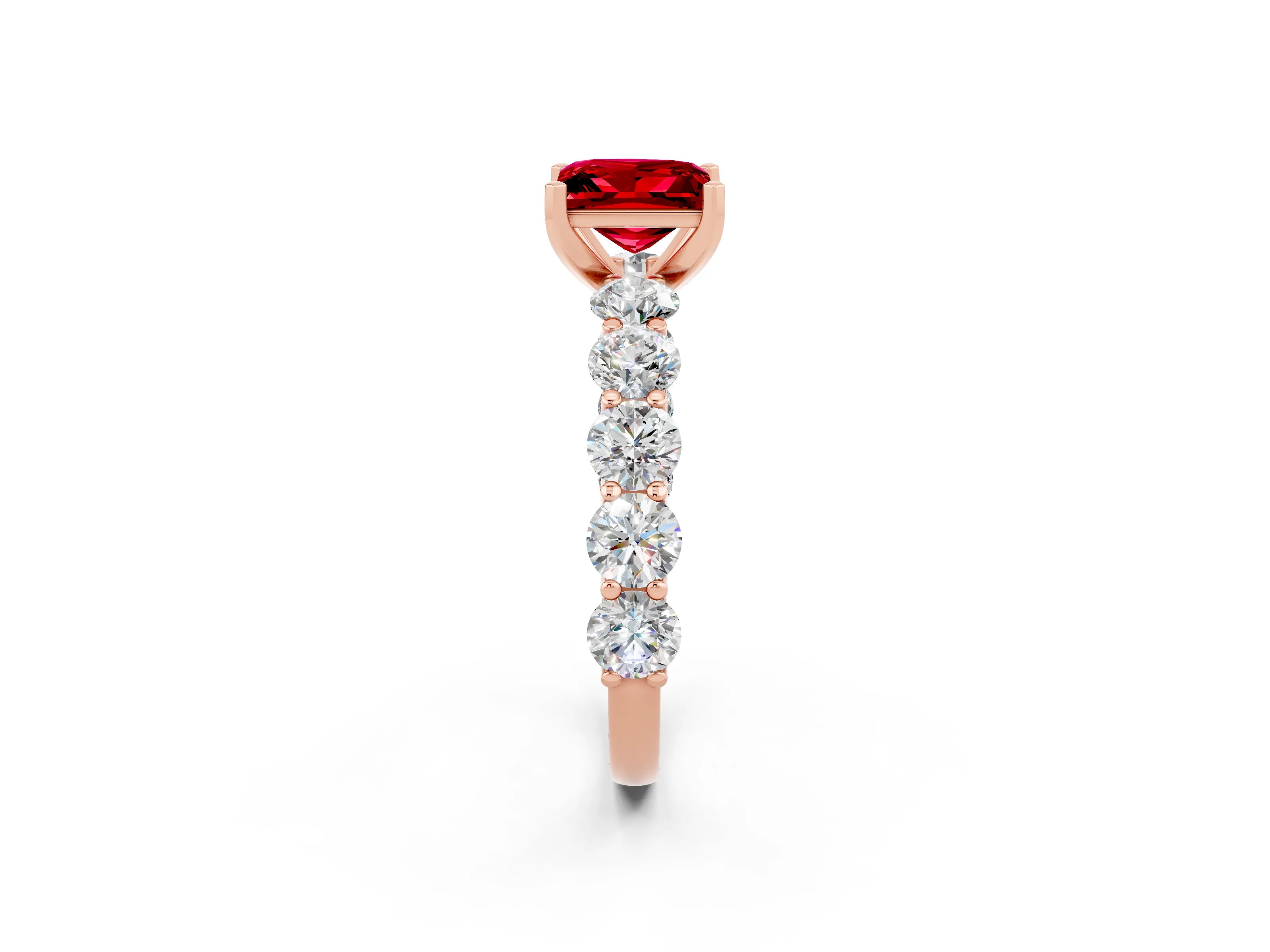 Rose gold Princess Cut Ruby Prong Setting with Side Stones on a Pave Band_2