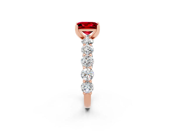 Rose gold Princess Cut Ruby Prong Setting with Side Stones on a Pave Band