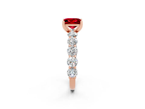 Rose gold Princess Cut Ruby Prong Setting with Side Stones on a Pave Band_2