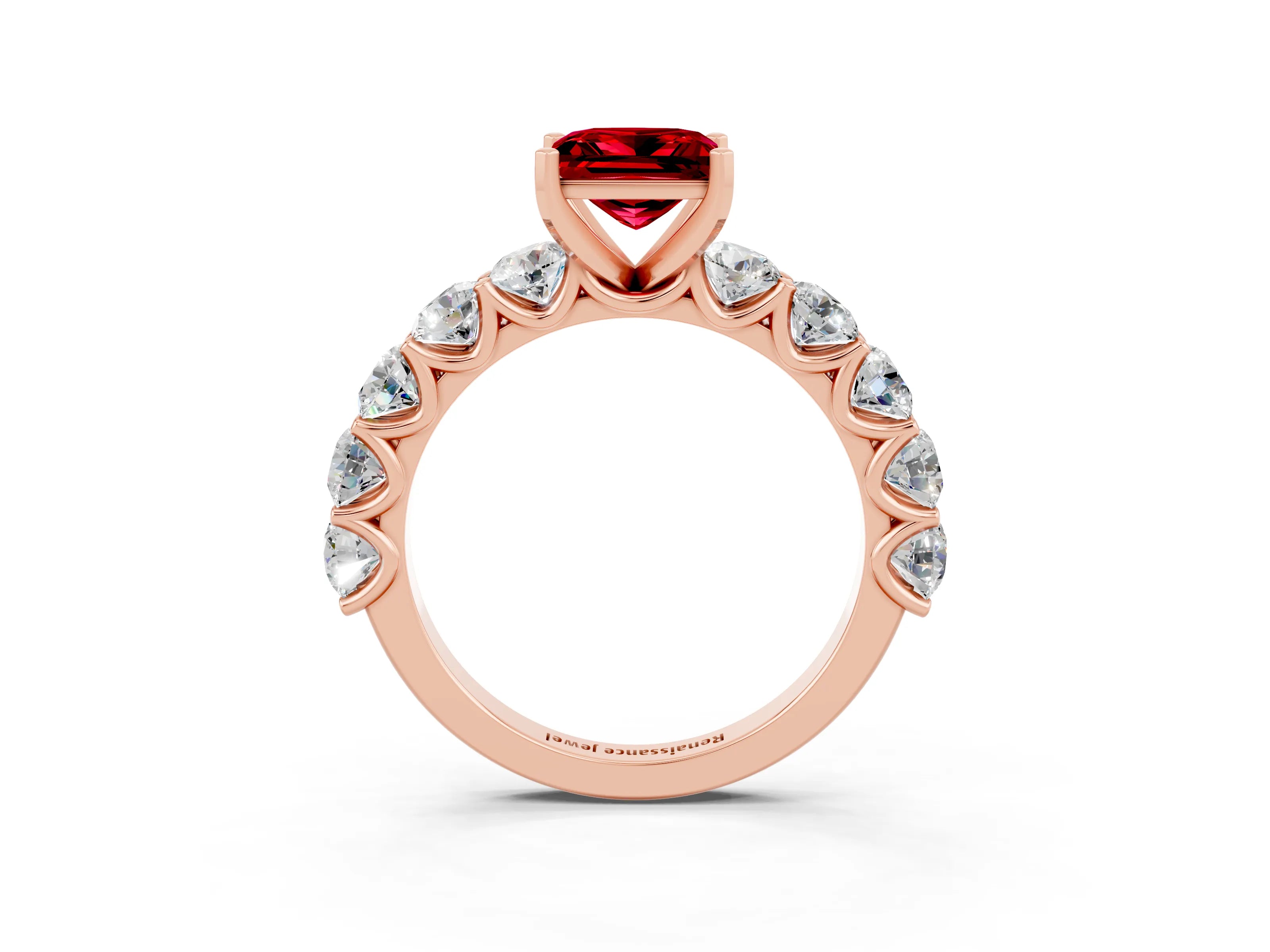 Rose gold Princess Cut Ruby Prong Setting with Side Stones on a Pave Band_3