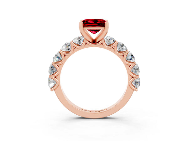 Rose gold Princess Cut Ruby Prong Setting with Side Stones on a Pave Band