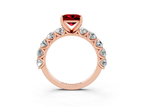 Rose gold Princess Cut Ruby Prong Setting with Side Stones on a Pave Band_3