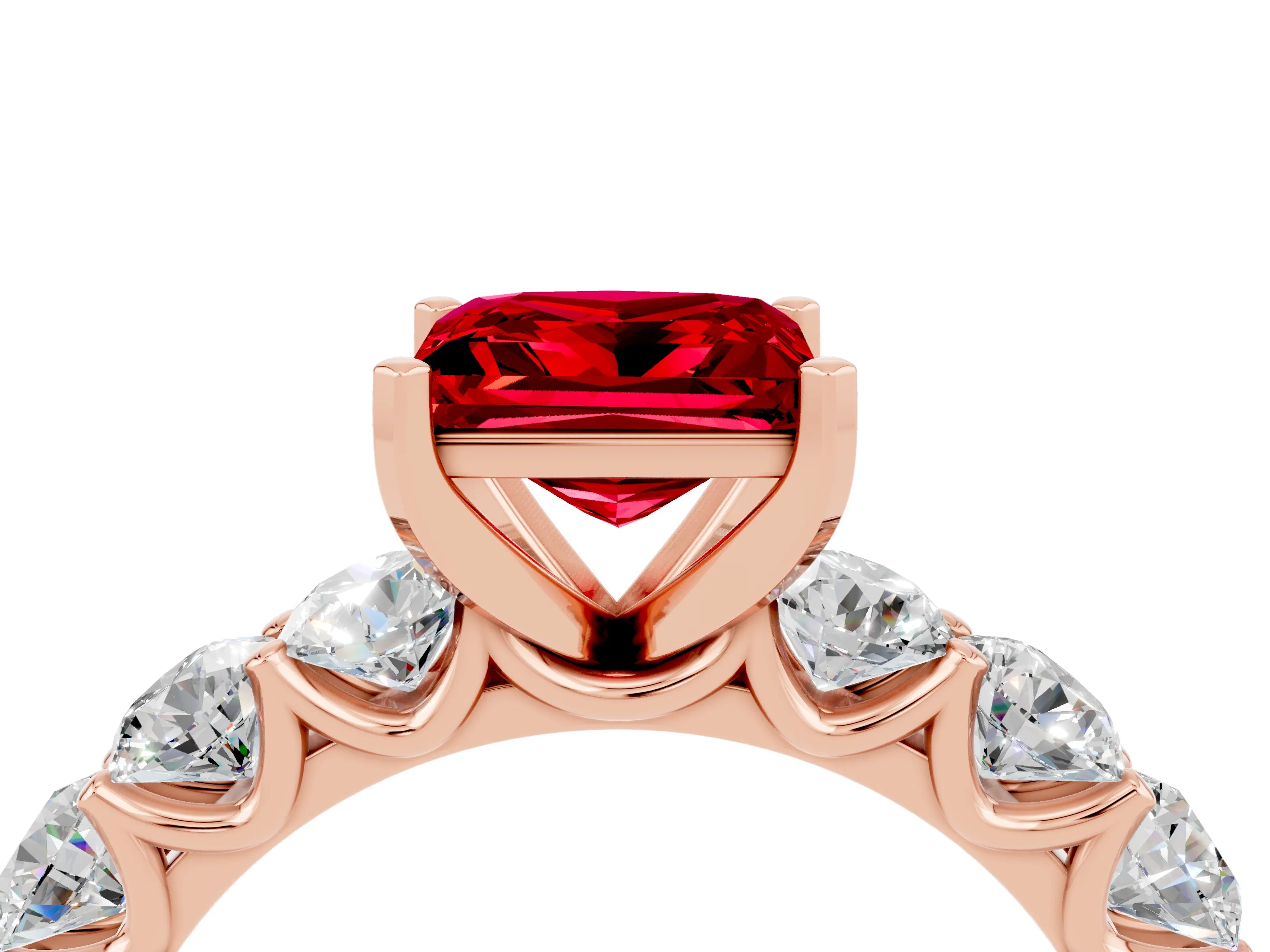 Rose gold Princess Cut Ruby Prong Setting with Side Stones on a Pave Band_4