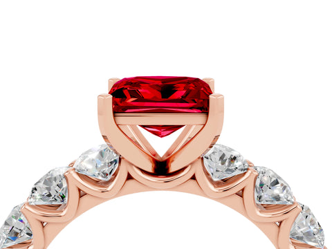 Rose gold Princess Cut Ruby Prong Setting with Side Stones on a Pave Band_4