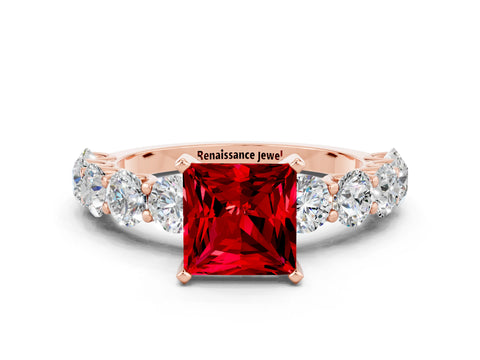 Rose gold Princess Cut Ruby Prong Setting with Side Stones on a Pave Band