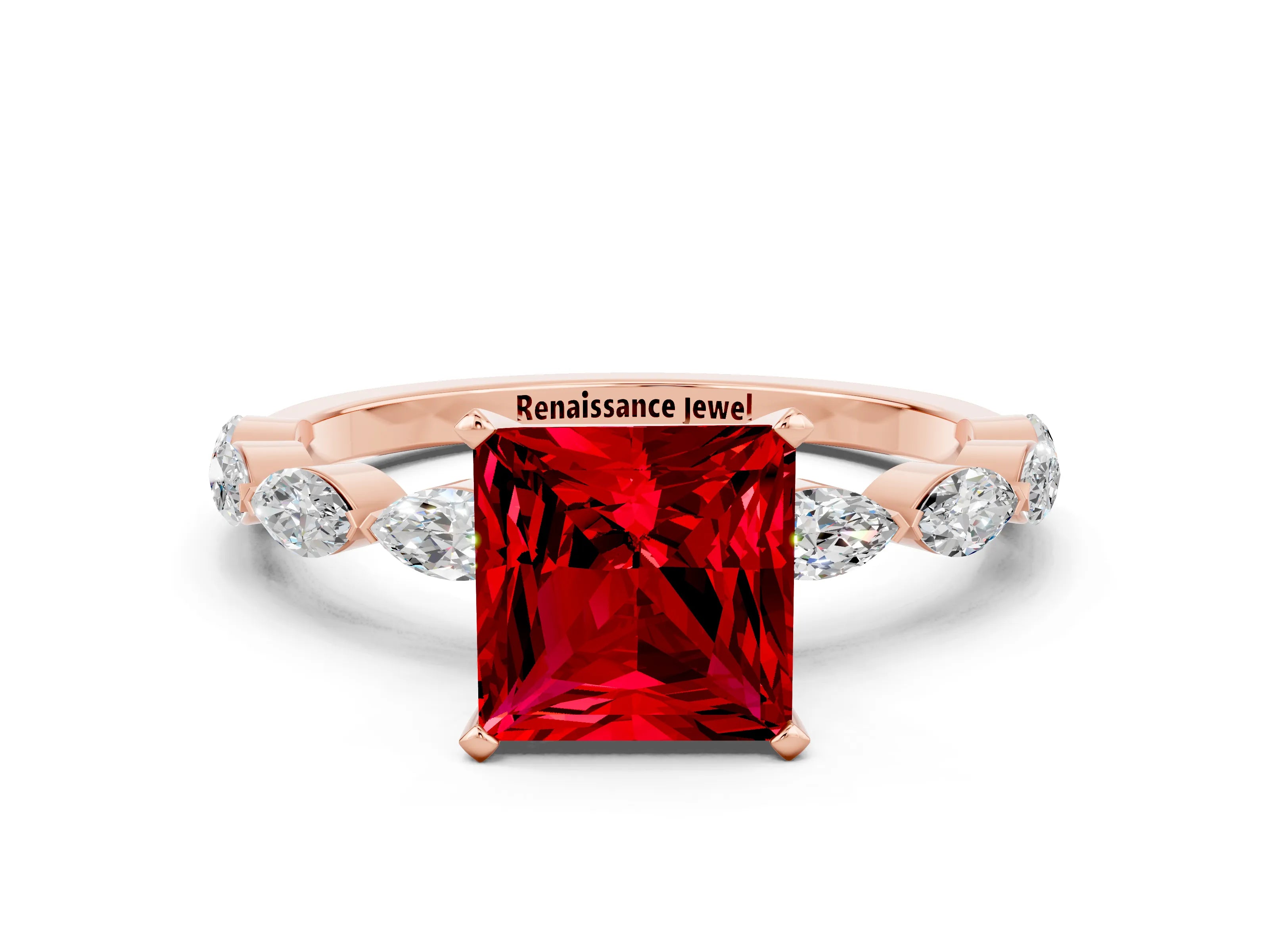 Rose gold Princess Cut Ruby Ring with Marquise Side Stones and Prong Setting