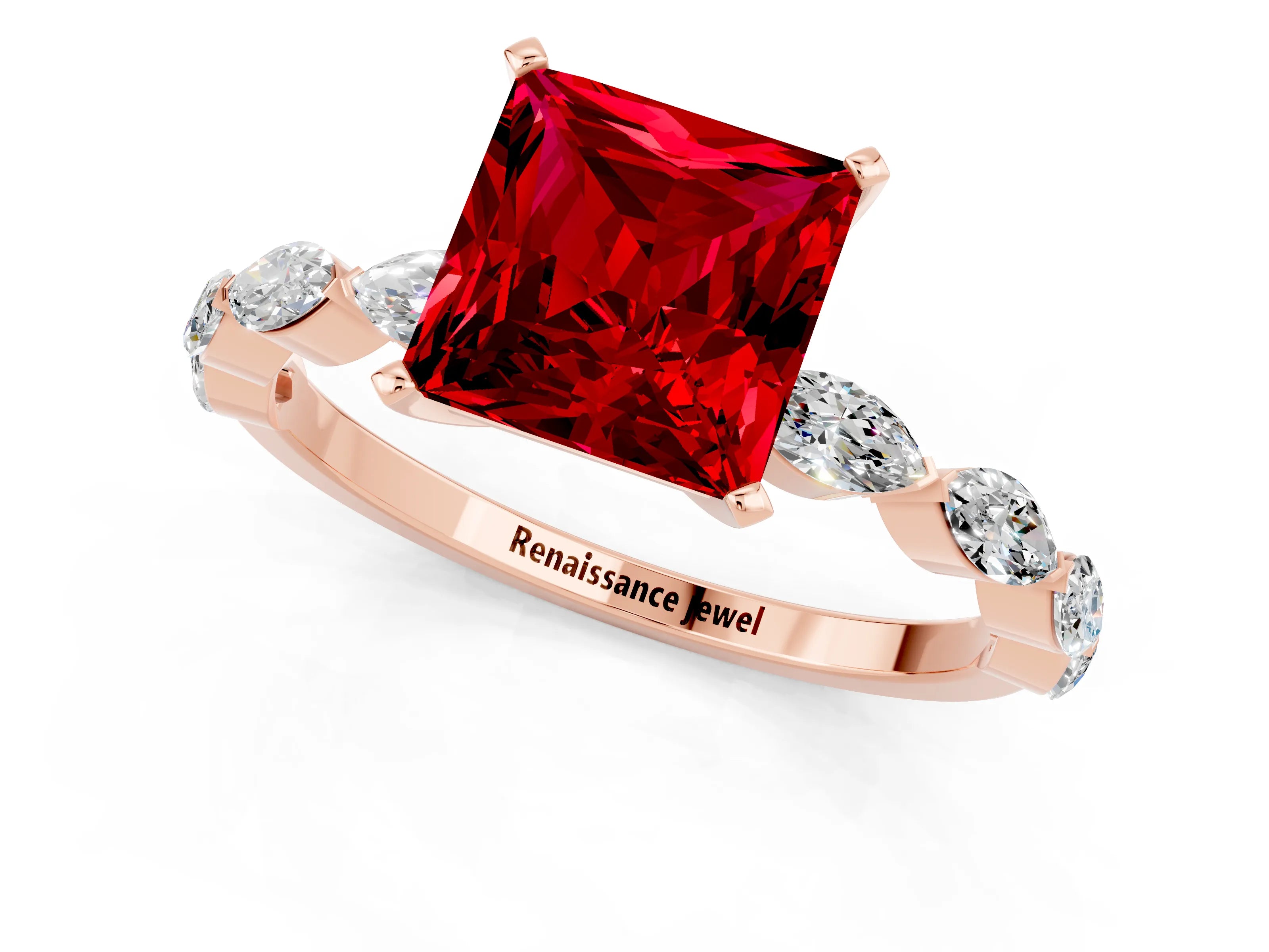Rose gold Princess Cut Ruby Ring with Marquise Side Stones and Prong Setting_1
