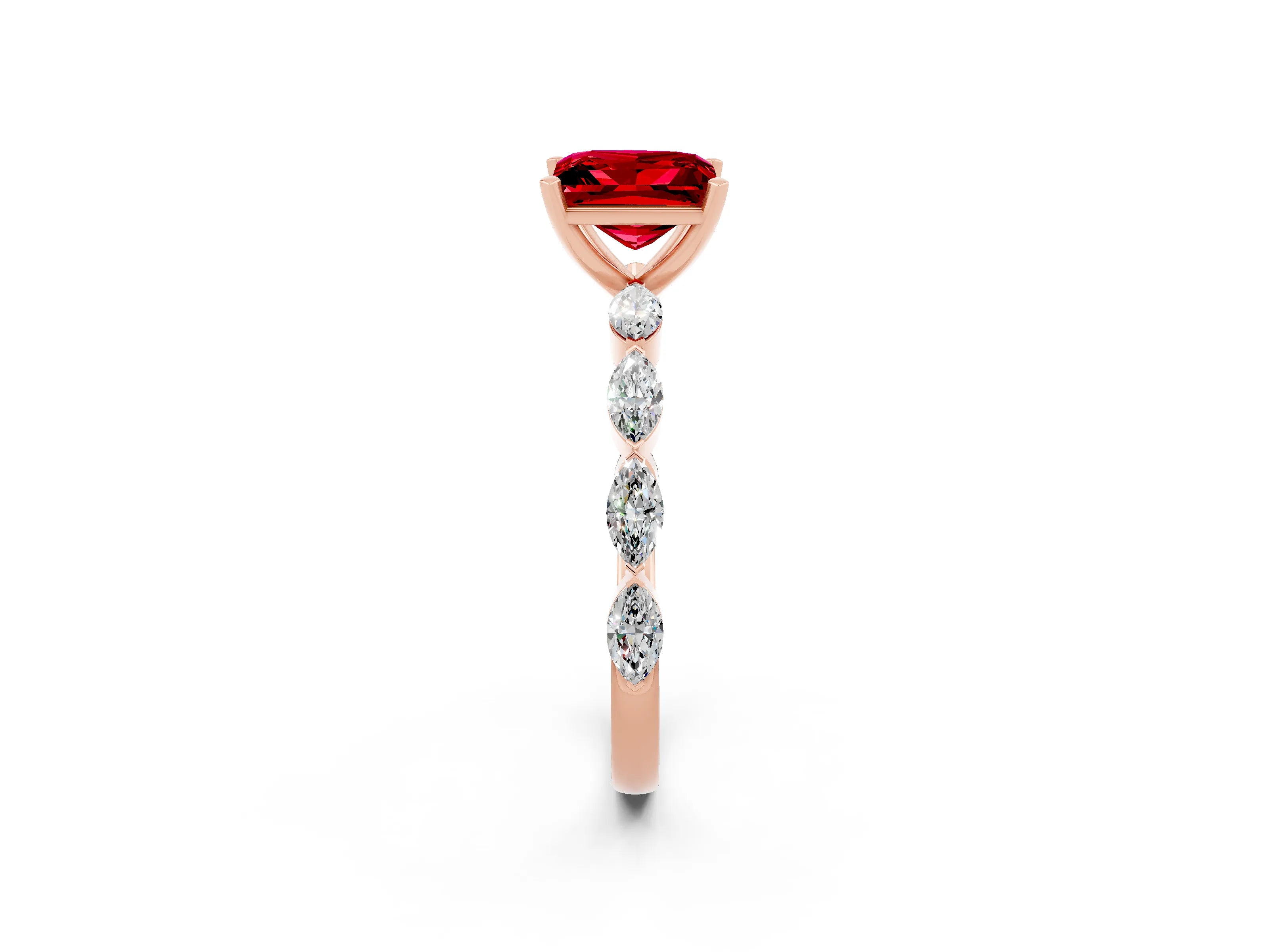 Rose gold Princess Cut Ruby Ring with Marquise Side Stones and Prong Setting_2