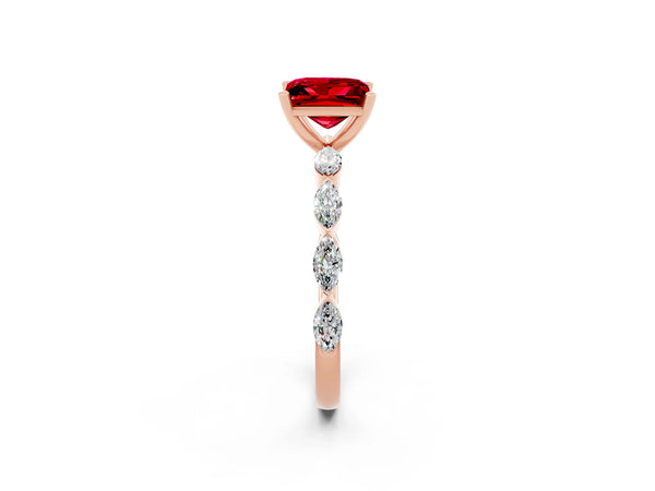 Rose gold Princess Cut Ruby Ring with Marquise Side Stones and Prong Setting